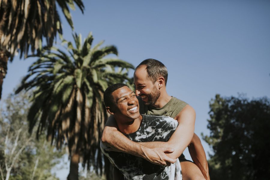 Gay couple hugging in the park